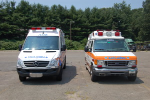 Mercedes Sprinter ambulance, left. and Ford ambulance. Ambulance Service of Manchester has almost completed a fleet change from the Fords to the Mercedes emergency vehicles. (Ambulance Service of Manchester / July 25, 2013)